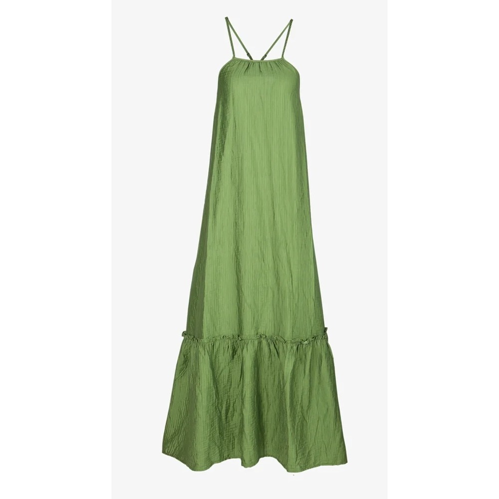 FRNCH Lena Khaki Maxi Dress Adjustable Straps‎ Tiered Hem M NWOT